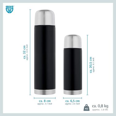 Термос GRÄWE з нержавіючої сталі, 1 л / 350 мл, чорний, з чашкою, для подорожей, ізольований, миється в посудомийній машині