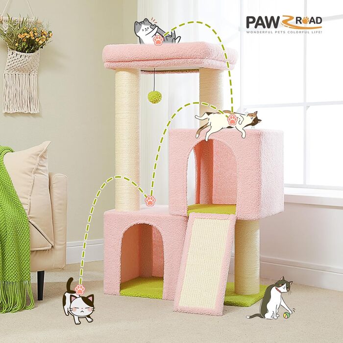 Котячий комплекс PAWZ Road з дряпалкою, 170 см, рожевий, з гамаком та 13 стійками