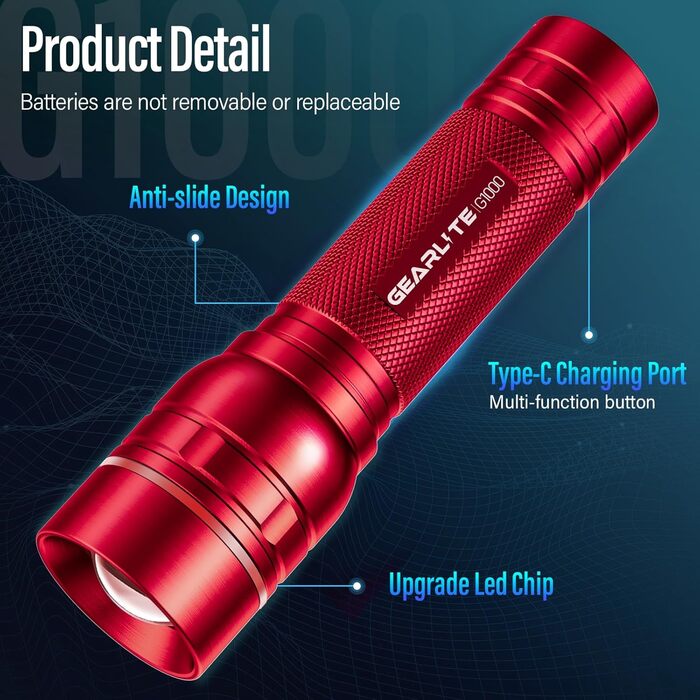 LED ліхтарик Gearlite: надпотужний, перезаряджається, 1000 люмен, 3 режими, Zoom, IP65, для кемпінгу та активного відпочинку