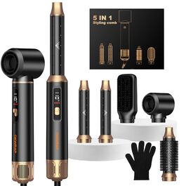 OKWRAP Haarstyler 5-в-1: Airbrush з LCD, Набір для укладки волосся, Фен з насадками, Випрямляч, Локони, Чорний