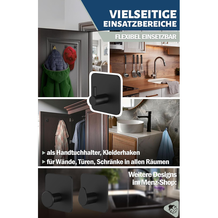 Набір кріплень Menz Haken, 4 шт., нержавіюча сталь, самоклеючі, для ванної, кухні, чорні