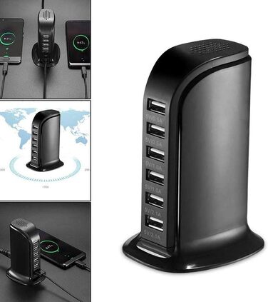 Зарядний пристрій USB мережевий 30W, 6 портів, для iPhone 12/13/14, Samsung Galaxy S22 Ultra/Z Fold/Z Flip, планшетів - Чорний