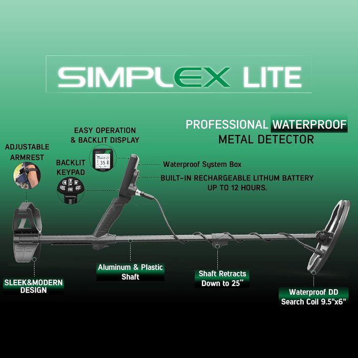 Металошукач Nokta Simplex Lite з DD котушкою 9.5 дюймів (водонепроникний, вібрація), всі режими пошуку