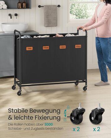 SONGMICS Laundry Basket with Wheels, Laundry Sorter with 4 Compartments, 200 L Laundry Sorter, Mobile Laundry Cart, 5 Labels, for Laundry Room, Bedroom, Bathroom, Ink Black RLS460B01