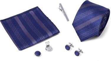 Подарунковий набір для чоловіків: краватка, хустинка, запонки, зажим для краватки та ґудзики для манжетів, блакитний в смужку, для офісу, весілля, костюма. Елегантний подарунок