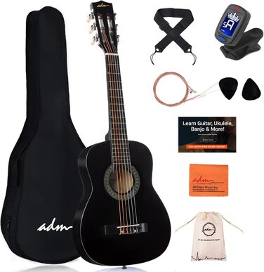 Дитяча гітара ADM 1/4 Junior-Konzertgitarre для початківців: з тюнером, чохлом, ремінком, запасними струнами та медіатором, чорна