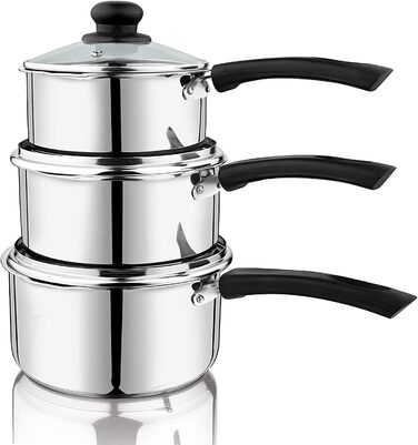 Каструля Penguin Home 18 см, 2 л, нержавіюча сталь, з скляною кришкою, для індукції, з двостороннім носиком, набір каструль і сковорідок, срібляста, 3 бакелітові ручки