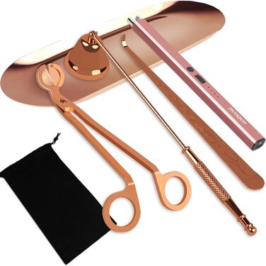 JIUOQUO 6-in-1 Candle Accessory Set, Candle Snuffer, Electric Candle Lighter, Wick Trimmer, Wick Dipper, Storage Tray, Plate, Candle Care Set for Candle Lovers, Mother's Gift