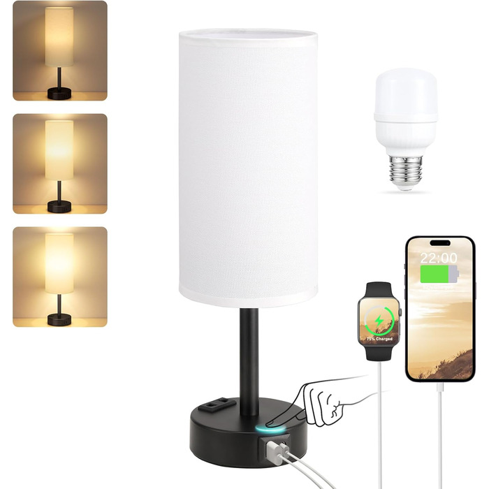 Настільна лампа Kakanuo з торшером, USB-порт, регулювання яскравості, тканинний абажур, для спальні, вітальні, дитячої кімнати, офісу (з лампочкою), білий A