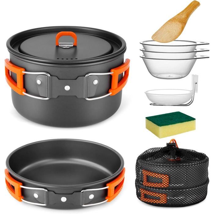 Odoland Camping Cookware Set, 9-Piece Outdoor Dish Set with Camping Pot, Camping Frying Pan for Camping, Outdoor Cooking, Hiking, and Travel