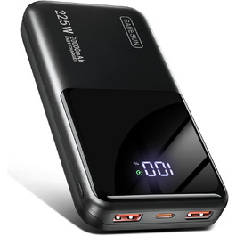 Портативний зарядний акумулятор Power Bank 20000mAh з швидкою зарядкою 22.5W, LCD дисплеєм, 1 USB-C, 2 USB-A, для iPhone 17/16/15/14/13 та смартфонів, чорний