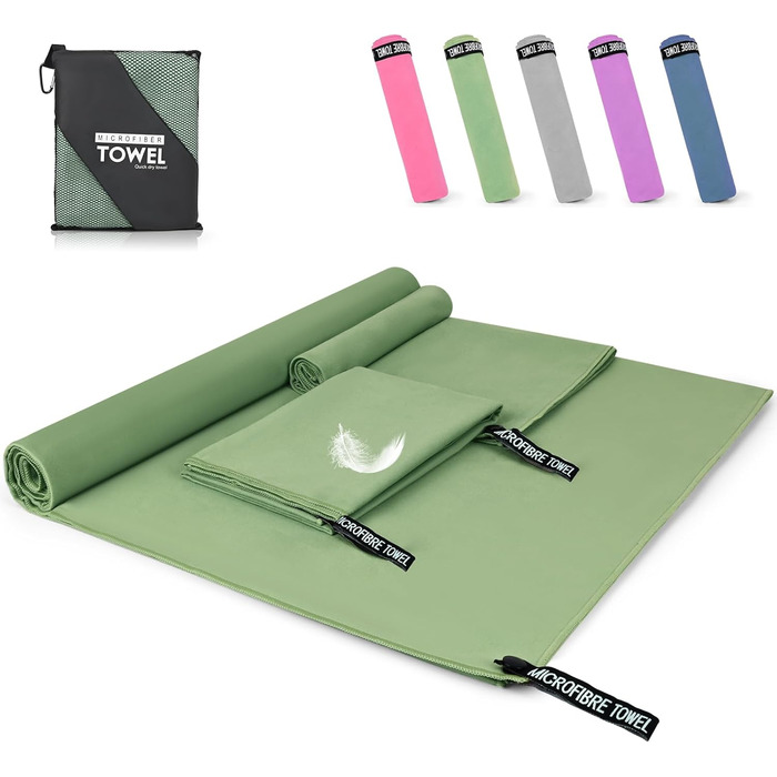 Набір з 3 рушників з мікрофібри, 180x80 см + 2 рушники 80x40 см, для фітнесу, сауни, пляжу, подорожей, темно-зелений