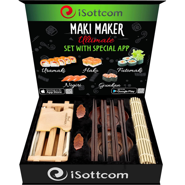 Набір для приготування суші iSottcom: робіть смачні суші та роли самостійно! З рецептами та додатком. З дерева бука та бамбука - ідеальний подарунок!