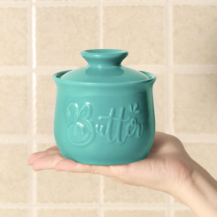 MAIA Buttertopf ceramic butter dish, 156 ml, with water and butter dispenser, holder for spreadable butter, French butter crock with lid, butter container for kitchen countertop, blue-green kitchen decoration