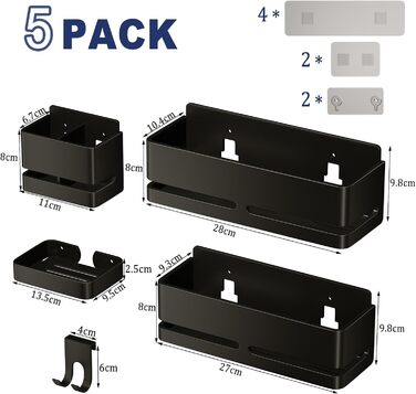 Набір полиць для ванної кімнати (5 шт.) з мильничкою та тримачем для зубних щіток, без свердління, для ванної та кухні (Сірий/Чорний)