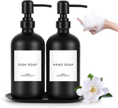 Набір дозаторів для мила Lannvan, скло, 500 мл, чорний матовий, для ванної кімнати та кухні, з підносом та етикетками