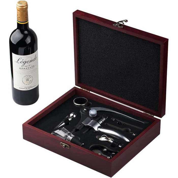 Cooko Korkenzieher, Manual Wine Opener Kit with Aerator and Pourer, Zinc Alloy Handle Corkscrew, Deluxe Wine Opener Accessories with 8 Pieces, Elegant Design Set with Dark Cherry Wood Box