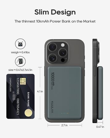 Power Bank Kuulaa MagSafe 10000 mAh 20W, Тонкий Пауербанк для iPhone 16/15/14/13, Колір Space Grey