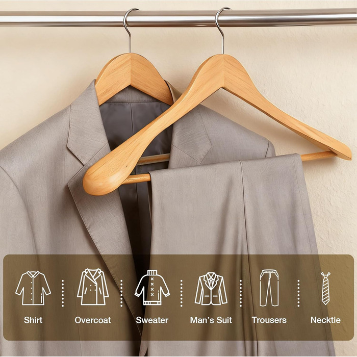 Дерев'яні вішалки для одягу 10 шт. – широкі плечики з натурального дерева, неслизькі та стабільні з перекладиною для штанів та 360° обертовим гачком, для костюмів, курток, сорочок та пальто, натуральне дерево