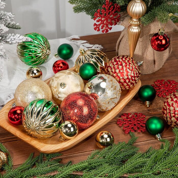 Набір прикрас для ялинки 92 шт. – Стійкі до пошкоджень ялинкові кулі блакитного та золотого кольорів – прикраси для ялинки, вінка, різдвяний декор (червоний та зелений)