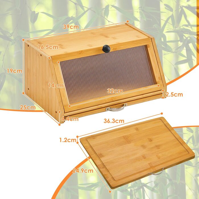 YOUDENOVA Блок для хліба з кришкою та дощечкою для нарізання, дерев'яний кошик для хліба, бамбукова скринька для зберігання хліба, солі та перечниці, 39x25x20 (ДxШxВ) см, (Натуральний)