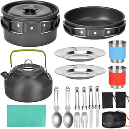 Набір посуду для кемпінгу: туристичний посуд, набір каструль та сковорідок з алюмінію на 2-3 особи для кемпінгу, пікніків та походів