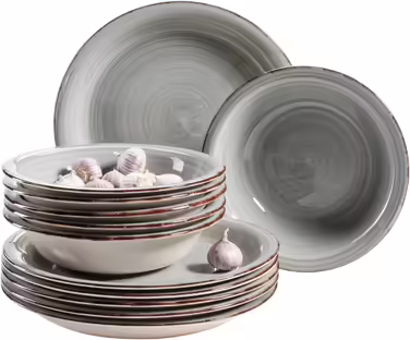 MÄSER Dinnerware Set for 6 People in Modern Vintage Look, 12-Piece Tableware Set, Hand-Painted, Blue, Stoneware, Smoke Blue (Bel Tempo II)