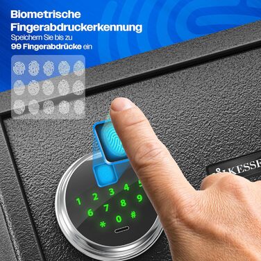 Електронний сейф KESSER® з відбитком пальця та замком | З резервним акумулятором | Сейф для підлоги, стіни, меблів | Чорний | 3-х болонцева замикання