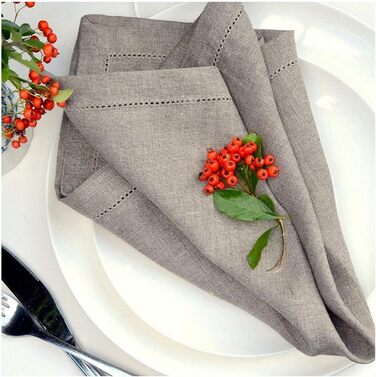 Linen & Cotton 4 Cloth Napkins with Hemmed Edge Florence, 100% Linen - 43 x 43 cm (Beige)