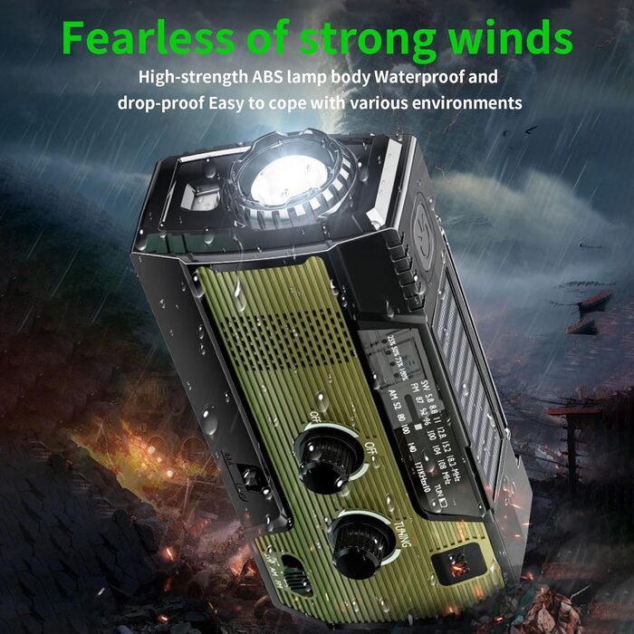 Радіо на сонячній енергії Notfall-Solar Radio з ручним ку́рком, LED-ліхтарик, SOS-сигнал, AM/FM, акумулятор 4000mAh, зарядка смартфона, зелений