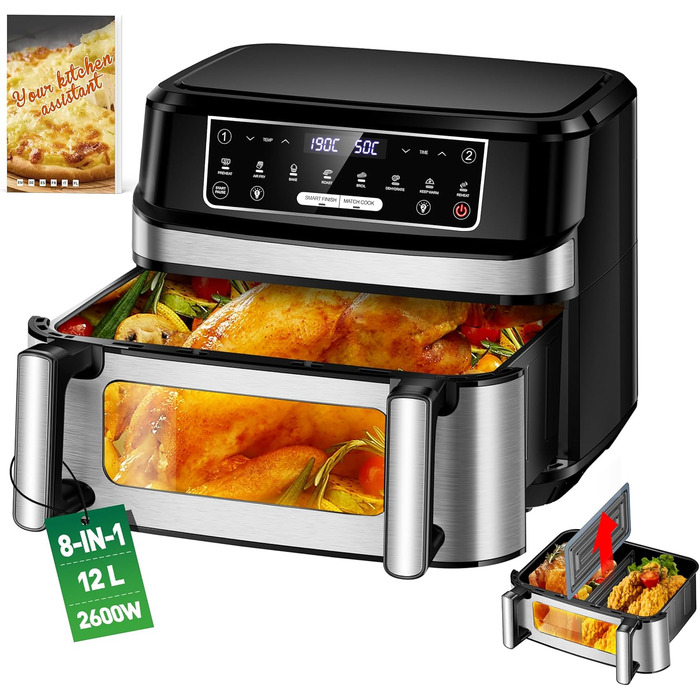 Фритюрниця повітряна подвійна 12л з 8 програмами та рецептами | Регулювання температури до 200°C, срібна