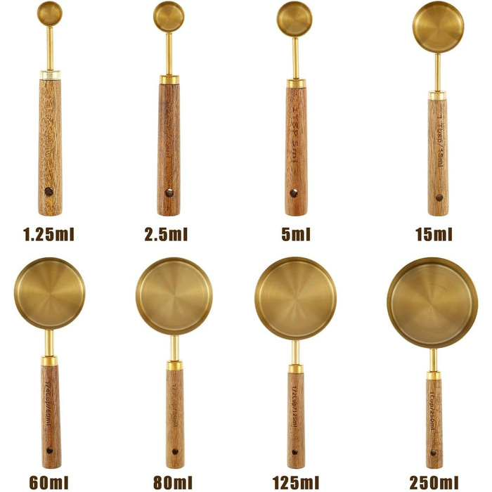 8-Piece Gold-Colored Measuring Cup and Spoon Set with Wooden Handle, Portable, Reusable, Stainless Steel Measuring Spoon Set with 8 Curved Hooks for Kitchen, Home, Baking