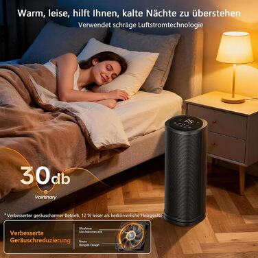 Електричний обігрівач 1800W з пультом керування, 41 см, PTC керамічний, тихий, 70° осциляція, таймер 12h, захист від перегріву, для спальні, дому, чорний