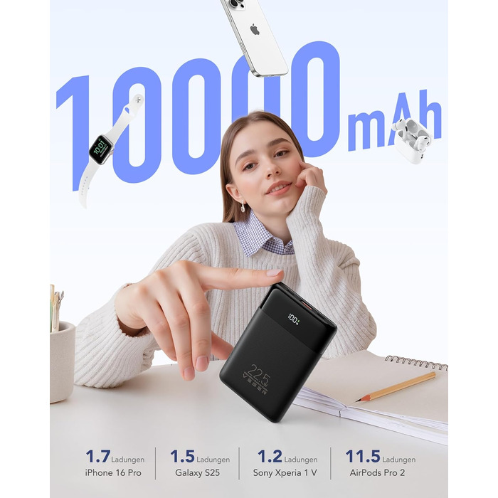 Повербанк VEGER 10000mAh 22.5W з вбудованим кабелем USB-C, швидка зарядка, чорний