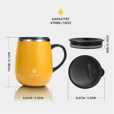 Кружка для кави та чаю Ideus 470 мл з подвійними стінками, з нержавіючої сталі, з нековзким ручним тримачем та кришкою-ковзаючою панеллю, великий об'єм (Трав'яний зелений) (Леопардовий жовтий)