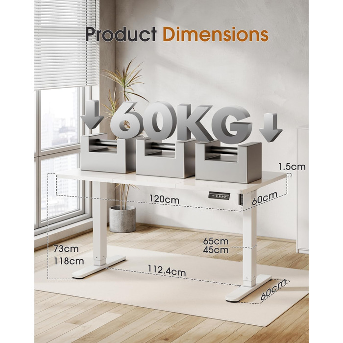 TriumphKey Adjustable Height Standing Desk with Monitor Stand - Electric Ergonomic Desk, 120x60cm White