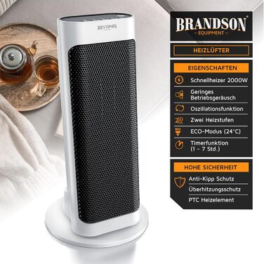 Електричний керамічний обігрівач Brandson з пультом дистанційного керування – тихий, енергозберігаючий, з термостатом та захистом від перегріву. Підходить для ванної, спальні, вітальні.