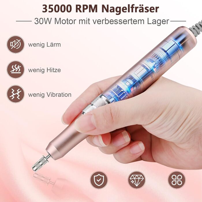 Електричний фрезер для нігтів Rose - манікюр та педикюр, набір з 6 фрез, 35000 об/хв, для гелю та акрилу