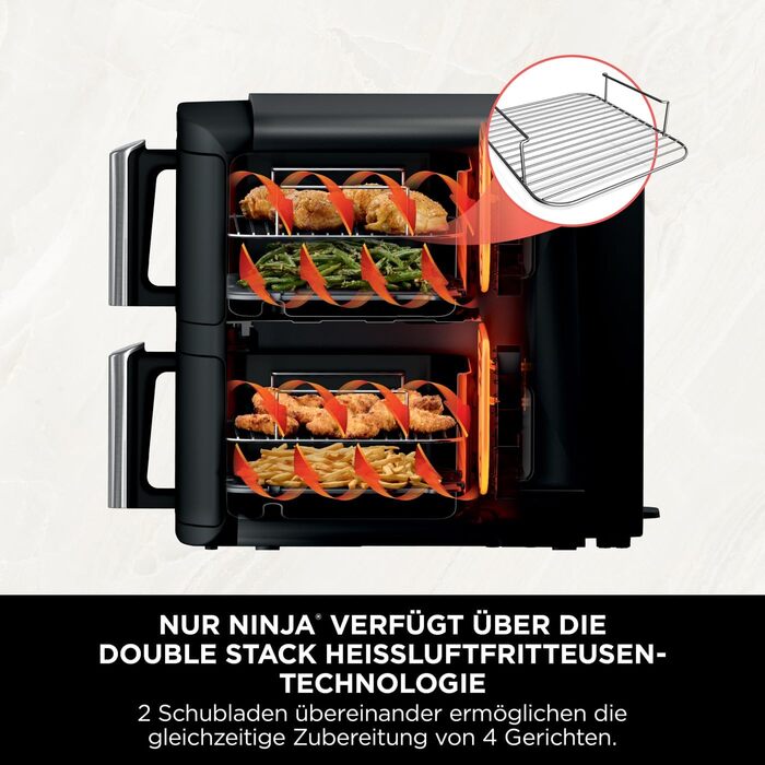 Ninja Double Stack Air Fryer, 7.6L Air Fryer, Double Basket Air Fryer with 4 Cooking Levels, 2 Drawers, 2 Racks, Space-Saving Design, 6 Cooking Functions, 6 Portions, Grey SL300EU Stacked Double Drawer 7.6L Grey