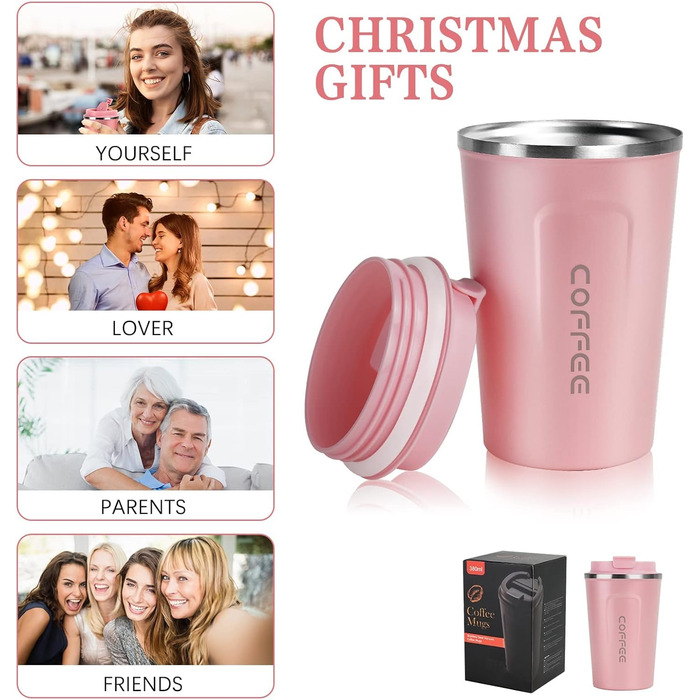 Термокружка Flintronic 510 мл з подвійними стінками, з кришкою, не протікає, для кави та чаю (рожевий)