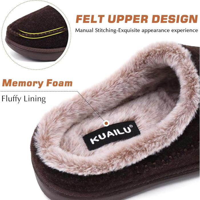 Чоловічі капці KuaiLu з піною з пам'яті, зручні, ручної роботи, з мікрозамшею, Slip-On, з підтримкою склепіння стопи, з теплим штучним хутром, гумова підошва, для дому та вулиці (41 EU, Колір: Коричневий)