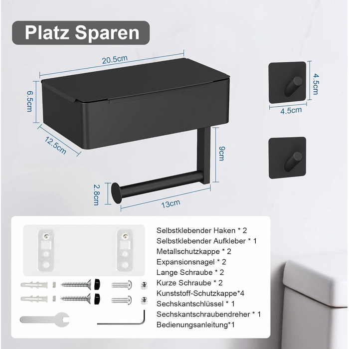 Тримач туалетного паперу SURFOU без свердління, чорний, 3-в-1, з боксом для вологих серветок, нержавіюча сталь, для ванної кімнати/туалету
