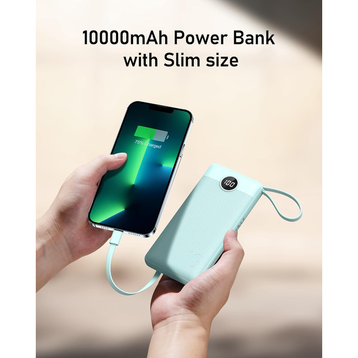 Портативний зарядний акумулятор Power Bank 10000mAh з LED дисплеєм та інтегрованими кабелями. Сумісний з iPhone, iPad, Samsung, Xiaomi, Google Pixel. Колір: блакитний