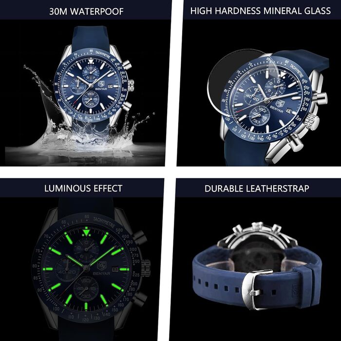 Годинник чоловічий Benyar з хронографом, кварцовий, водостійкий 30M, з датою, для активного відпочинку, спортивний, шкіряний, з гумовим ремінком, срібний, блакитний