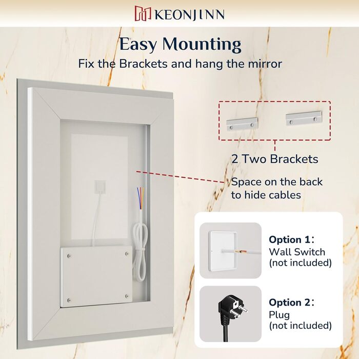 Дзеркало для ванної кімнати Keonjinn з підсвічуванням, чорний металевий каркас 60x80 см, LED, антизапар, сенсорне керування, 3 кольори світла, регулювання яскравості, пам'ять, настінне дзеркало