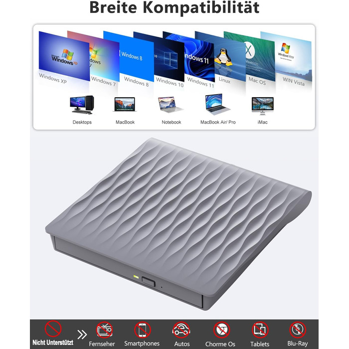 Зовнішній DVD/CD привід DANGZW USB 3.0 Type-C, портативний DVD-брунер та плеєр для ноутбука та ПК, сумісність з Windows, MacOS, Linux (сірий)