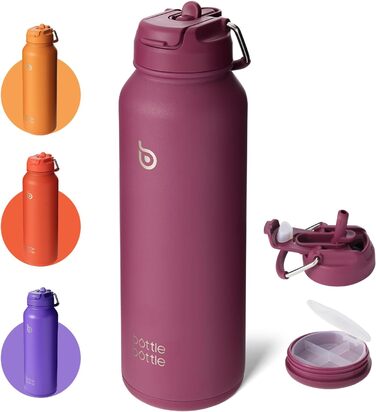 BOTTLE BOTTLE Insulated Water Bottle with Straw, Sport Stainless Steel Water Bottle with Handle Lid, Outdoor Sports Bottle for Pills, 1L (White) (Red)
