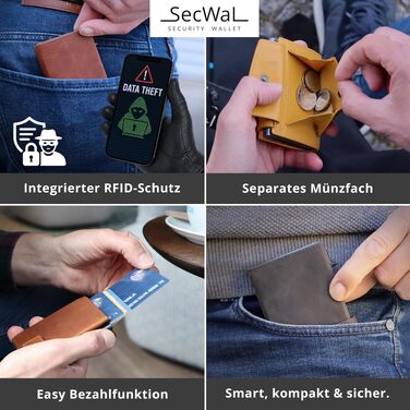 Шкіряний картхолдер SecWal з монетницею та RFID-захистом, коричневий (Hunter Brown) — компактний гаманець з кнопкою для чоловіків та жінок, Made in Germany