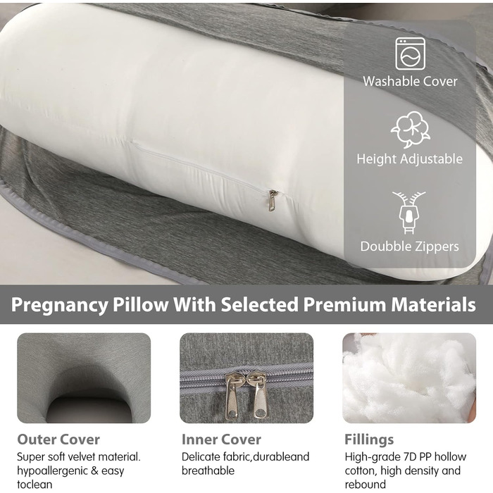 Подушка для вагітних Elover U-подібної форми, 144 см, знімний чохол, охолоджуючий матеріал, підтримка для вагітних