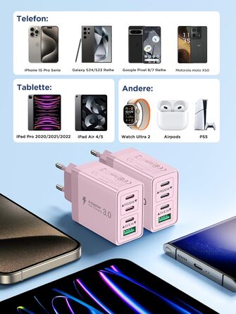 Двопакет USB-C зарядний пристрій Aioneus 4 порти, 40W, PD 3.0, для iPhone, Samsung та інших телефонів (рожевий)